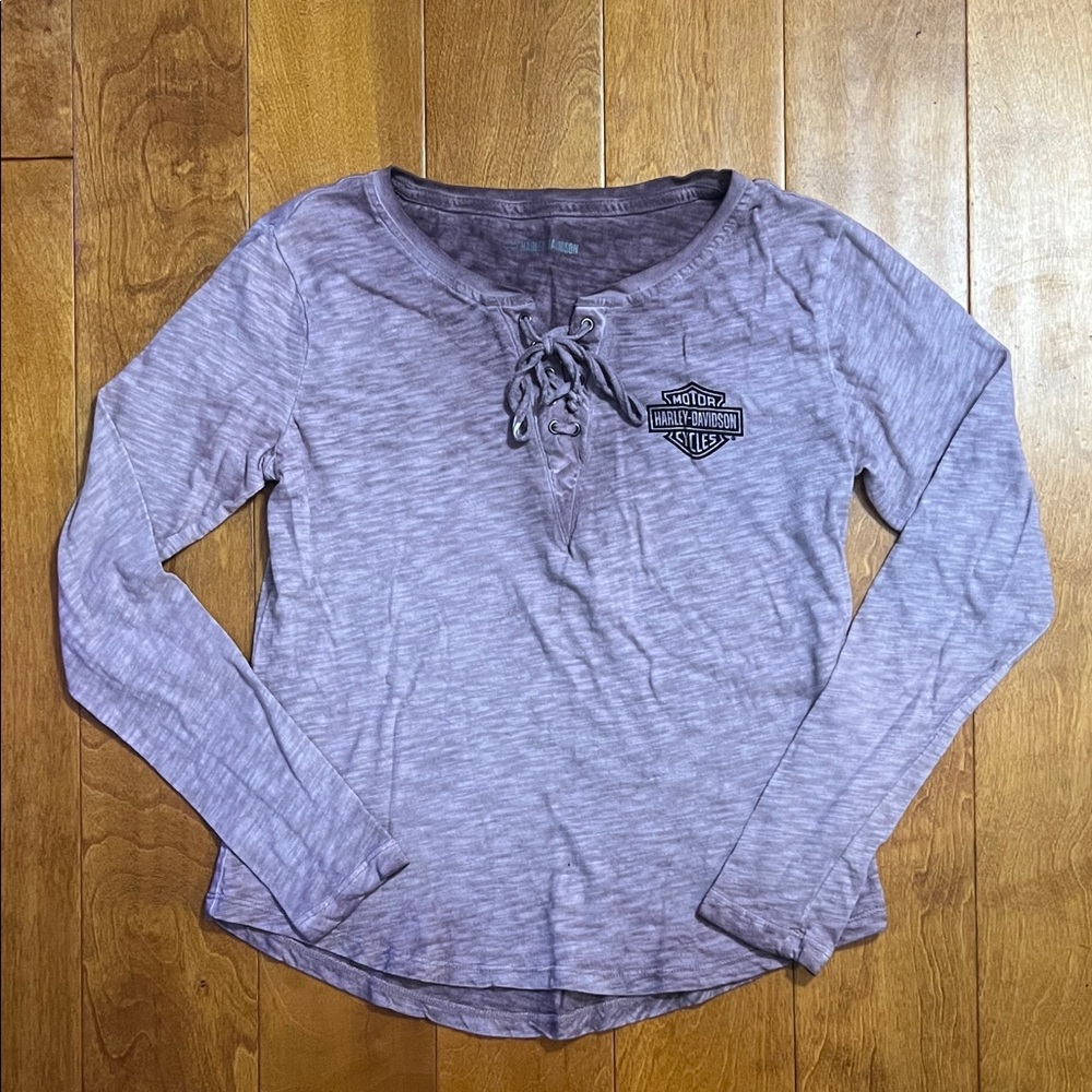 Harley-Davidson® Throttle Lace-Up Long Sleeve Knit Top Size S Studded Logo Back
